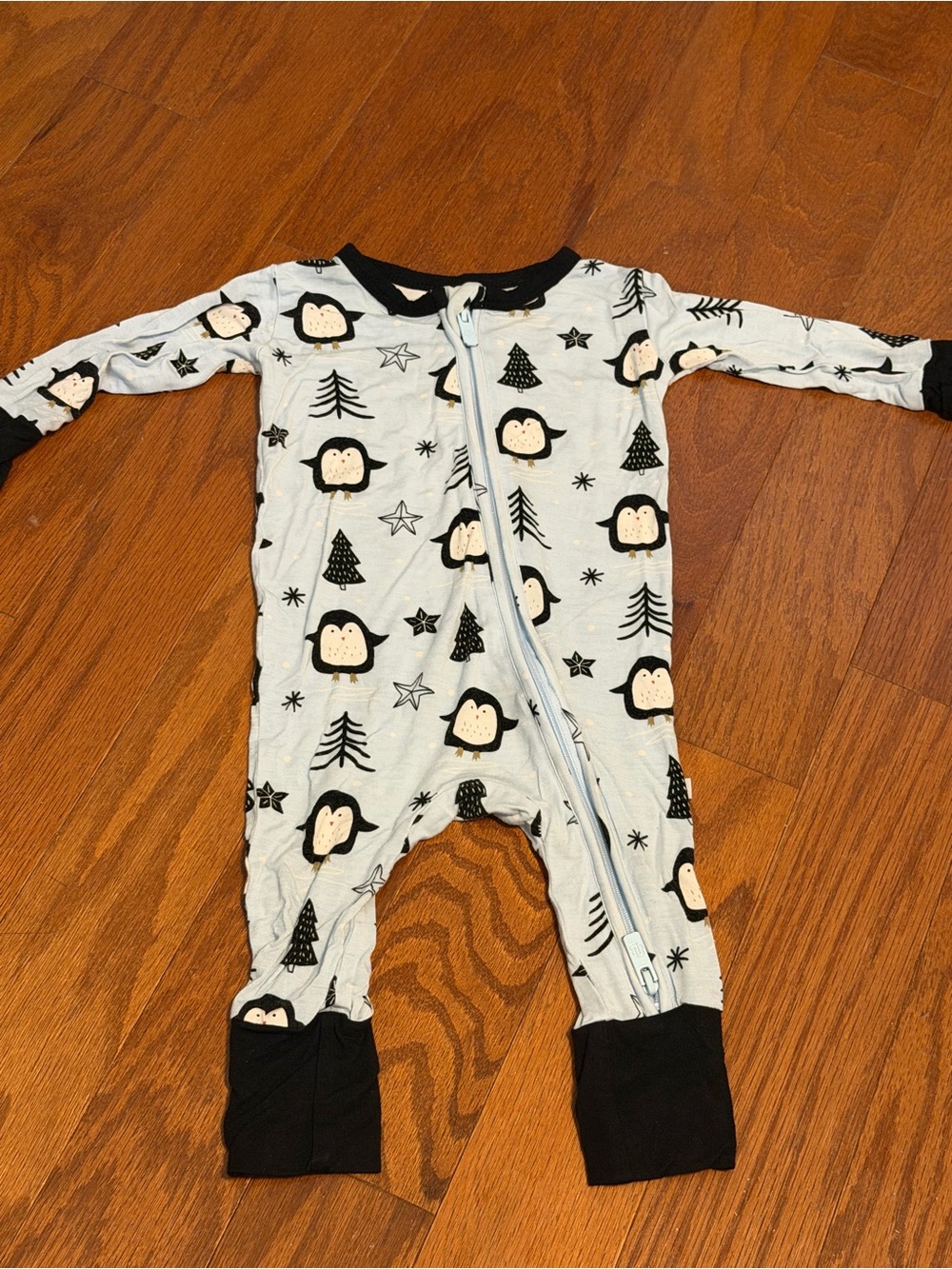 Light Blue Penguin-Print Kids One-Piece Footie with Black Trim
